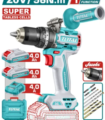Taladro percutor inalámbrico de 20 V con motor sin escobillas, torque máximo de 96 Nm y mandril de 13 mm