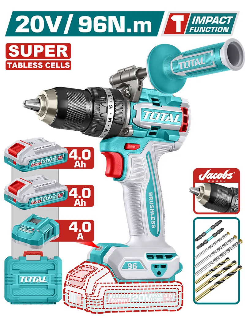 Taladro Percutor Inalámbrico 20 V Brushless 96 Nm Taladro percutor inalámbrico de 20 V con motor sin escobillas, torque máximo de 96 Nm y mandril de 13 mm