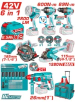 Super Combo TOTAL 42 V con taladro percutor, llave de impacto, esmeril angular, rotomartillo, sierra circular y lámpara