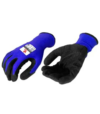 Guantes de poliéster azul con recubrimiento en látex negro talla 8 Boyuan BG184B-8 x 6 pares.