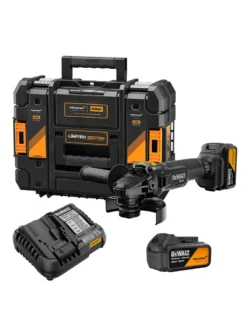 Amoladora angular inalámbrica DEWALT edición McLaren en negro y naranja con disco de 125 mm.