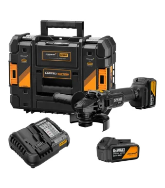 Amoladora angular inalámbrica DEWALT edición McLaren en negro y naranja con disco de 125 mm.