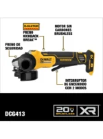Pulidora inalámbrica DeWalt DCG413 incluida en el combo DCK248P1-B3.